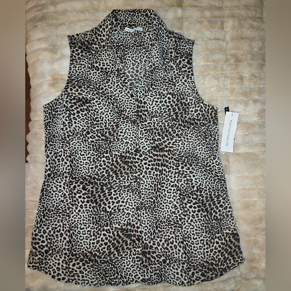 Notations Sleeveless Leopard Print Button-Down Top - Black & Tan